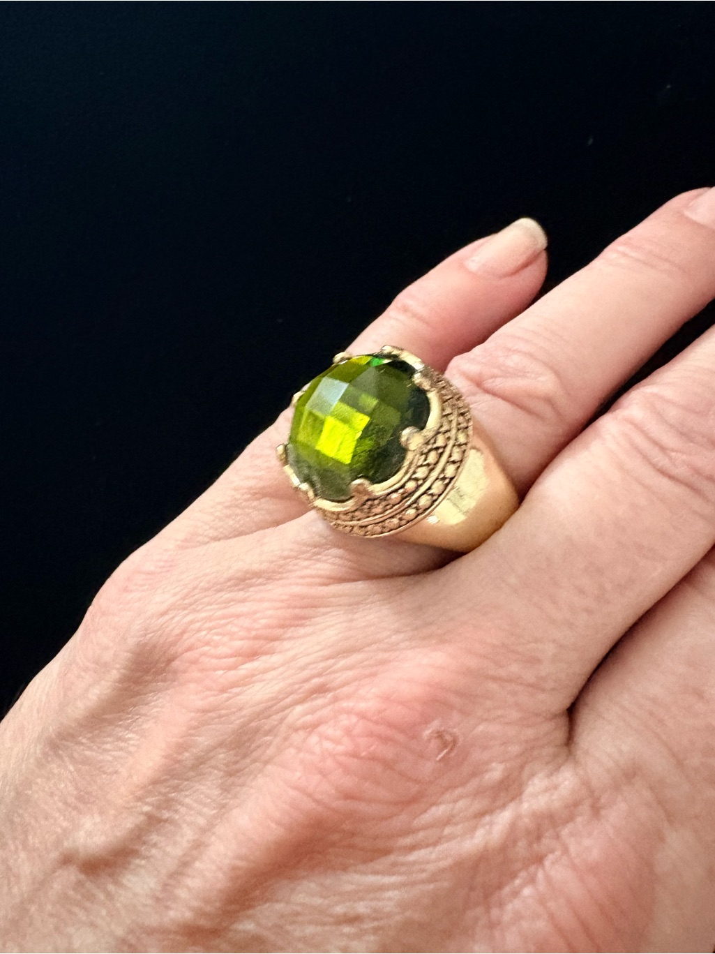 Heavy Crown GoldTone Statement Ring With Dark Green Stone